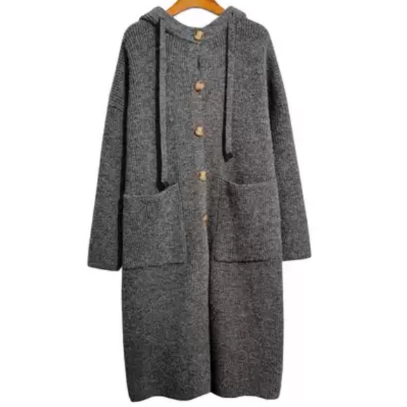 3490. 🛑AT COST! Grey Brushed hood button oversize Cardigan sweater fuzzy duster - Picture 1 of 6